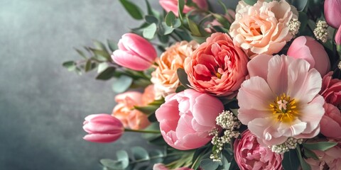 A beautiful bouquet of fresh flowers with pink tulips, vibrant peonies, and soft roses. Perfect for celebrating love and joy. Captured in a delicate style. AI