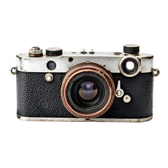 A vintage camera with a weathered appearance, featuring a black leather texture and a distinctive bronze lens, set against a dark background.