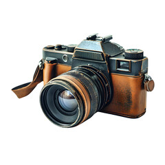 A vintage camera with a leather casing and intricate details, showcasing a blend of classic design and modern photography equipment.