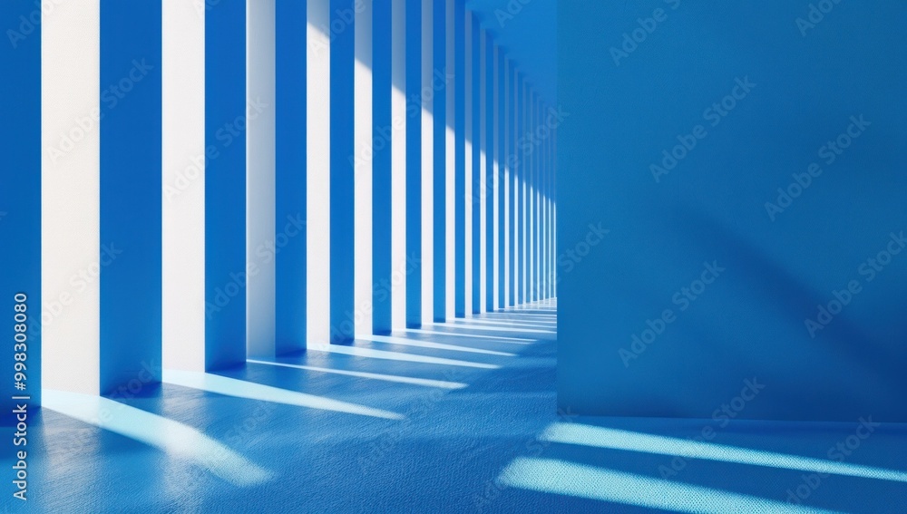 Poster abstract architectural blue corridor with columns and shadows casting across the floor modern and mi