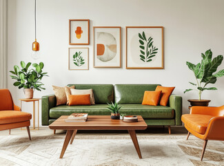 A retro living room with an olive green and orange leather sofa, a wooden coffee table, framed art prints on the wall, plants in vases, vintage armchairs, an area rug, warm lighting, a neutral color