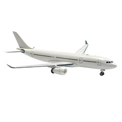 Obraz premium A white airplane model in mid-flight against a black background, showcasing its sleek design and realistic details.