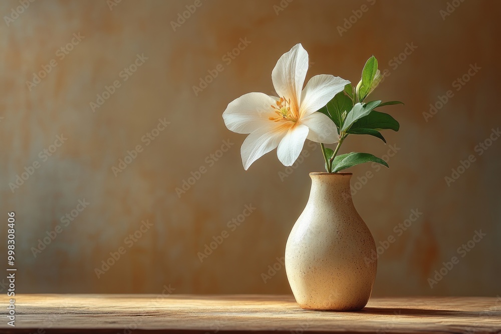 Canvas Prints A single white flower in a small vase sits on a wooden table with a brown backdrop.