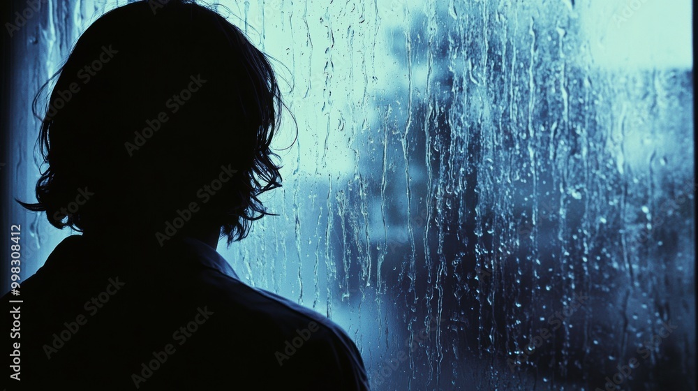 Poster A solitary person stands by a rain-slicked window, absorbed in introspection as raindrops cascade down the glass on a gloomy day. Generative AI