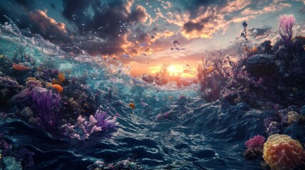 Underwater Coral Reef at Sunset with Fish and Clouds