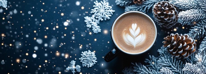 Hot chocolate, coffee in a cup, with Christmas snowflakes, beautiful cover. Christmas premium background image, for cover, brochure, brochure, desktop, notepad. Concept for holiday.