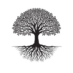 Tree silhouette. Big tree vector silhouette design. Tree with root vector illustration. Tree logo, icon black and white.