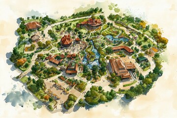 Artistic Watercolor Style Zoo Map Overview