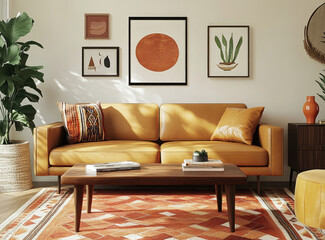 A mid-century modern living room with leather sofas, a coffee table, and vintage furniture. The walls have framed art in various sizes. There is also greenery to add life to the space
