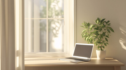 Minimalist workspace featuring a small desk, laptop, and plant on a windowsill. The room is bathed in soft, natural light with neutral tones throughout