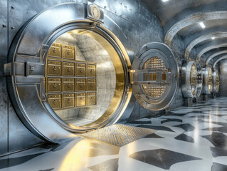 Fototapeta premium Intricate vault door opened to reveal rows of secure safety deposit boxes in a dimly lit space