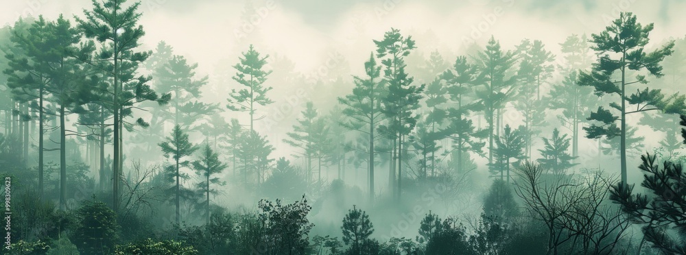 Poster foggy forest landscape with tall pine trees, creating a mysterious atmosphere in shades of green and