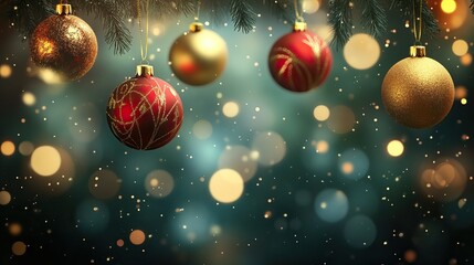 A festive green and gold Christmas arrangement with ornaments, ribbons, and pine branches. AI generated image