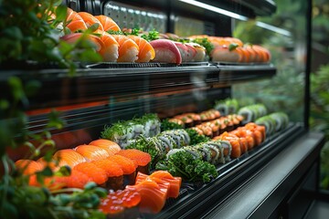 A display of sushi in a refrigerator