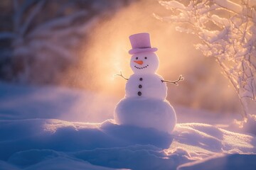 Fototapeta premium A Snowman Wearing a Pink Top Hat Stands in a Snowy Landscape at Sunset