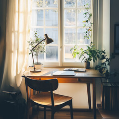 Minimalist workspace with a wooden desk, simple chair, and a single lamp near a window. Bright sunlight enhances the calm, organized feel of the space