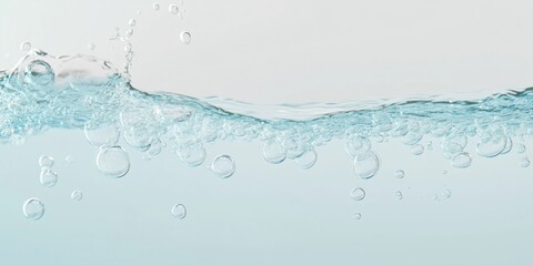 Splash of water on the surface. Stream of transparent blue liquid. Blue water splashing on the surface of a wave with air bubbles on a light blue background. View from the water level.