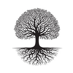 Tree silhouette. Big tree vector silhouette design. Tree with root vector illustration. Tree logo, icon black and white.