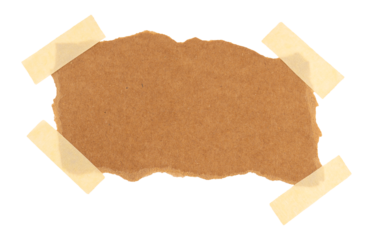 brown kraft paper with torn edges and yellow adhesive tape, sign, label, banner paper element, isolated on a transparent background