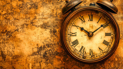 Fototapeta premium Vintage alarm clock telling time on worn background