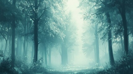 A Misty Forest Path with Tall Trees