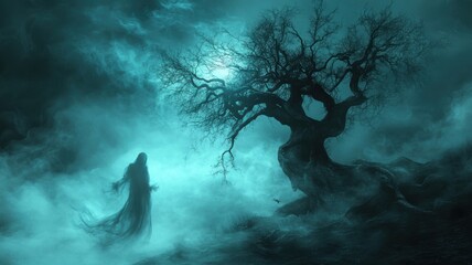 A ghostly figure emerges from foggy surroundings, standing next to an eerie, leafless tree under a mystical moonlight, creating a haunting atmosphere.