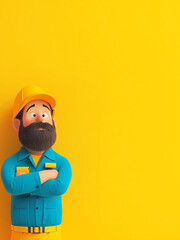 Cartoonish Construction Worker with Bright Yellow Background