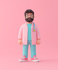 Friendly Cartoon Doctor in Pink Coat with Stethoscope on Soft Pink Background