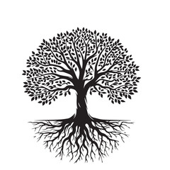 Naklejka premium Tree silhouette. Big tree vector silhouette design. Tree with root vector illustration. Tree logo, icon black and white. Oak tree vector design.