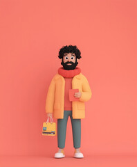 Cheerful Cartoon Shopper with Winter Gear