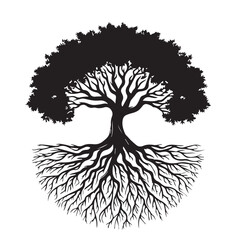 Tree silhouette. Big tree vector silhouette design. Tree with root vector illustration. Tree logo, icon black and white.