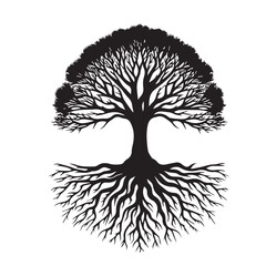 Tree silhouette. Big tree vector silhouette design. Tree with root vector illustration. Tree logo, icon black and white.