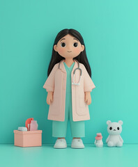 Friendly Healthcare Professional: Cartoon Girl in Pink Lab Coat with Medical Supplies