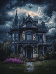 Obraz premium A haunting Victorian mansion under a stormy sky with lightning, surrounded by lush greenery and vibrant flowers, creating an eerie yet captivating atmosphere.