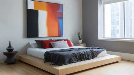 Modern, clean bedroom with a low platform bed, simple decor, and a large vibrant painting that brings color into the neutral space