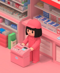 Stylized Female Cashier in Pink Store with Vibrant Product Packaging