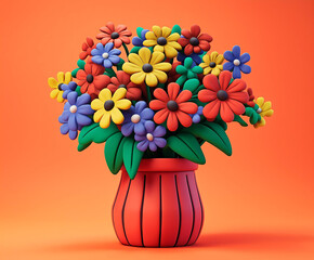 Cheerful Cartoon Flowers in a Bold Red Vase with Vibrant Orange Background