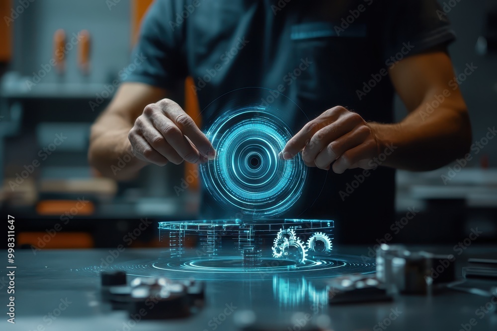 Poster a person manipulating a holographic interface in a workshop setting.