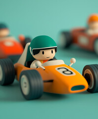 Playful Cartoon Racer, Cheerful Figure Driving an Orange Race Car in a Vibrant Aqua Background