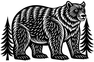 Obraz premium Majestic Monochrome Bear Illustration with Pine Tree Backdrop