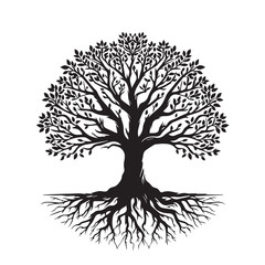 Tree silhouette. Big tree vector silhouette design. Tree with root vector illustration. Tree logo, icon black and white.