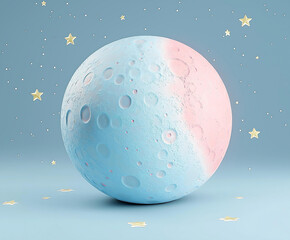 Textured Moon Sphere in Serene Celestial Landscape with Soft Blue and Pink Hues