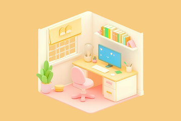 Cozy and Cheerful 3D Workspace in Soft Pastels..