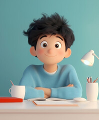 Cheerful Young Boy in Turquoise Sweater Smiling at Study Desk Surrounded by Books and Pencils, Teal Background