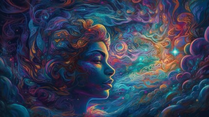 A vibrant cosmic portrait of a woman immersed in colorful energy.