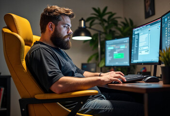 a young man with a fat beard sitting in a yellow and black actor's chair, designing, looking at a computer with his back turned.