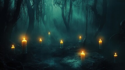 A mystical scene with glowing candles illuminating a dark, eerie forest. The ambience evokes a sense of mystery and intrigue, perfect for themes of spirituality and the unknown.