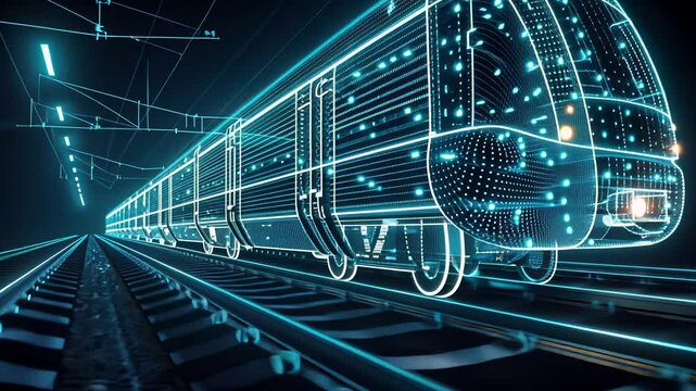 Futuristic electric train with neon lights on modern railway tracks