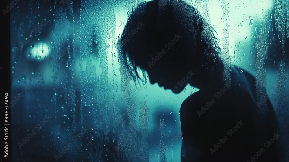 Poster A figure stands quietly by a rain-streaked window, immersed in introspection amid the soft blues and greys of twilight. Generative AI