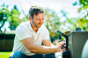 Electrician working on heat pump close to a pool